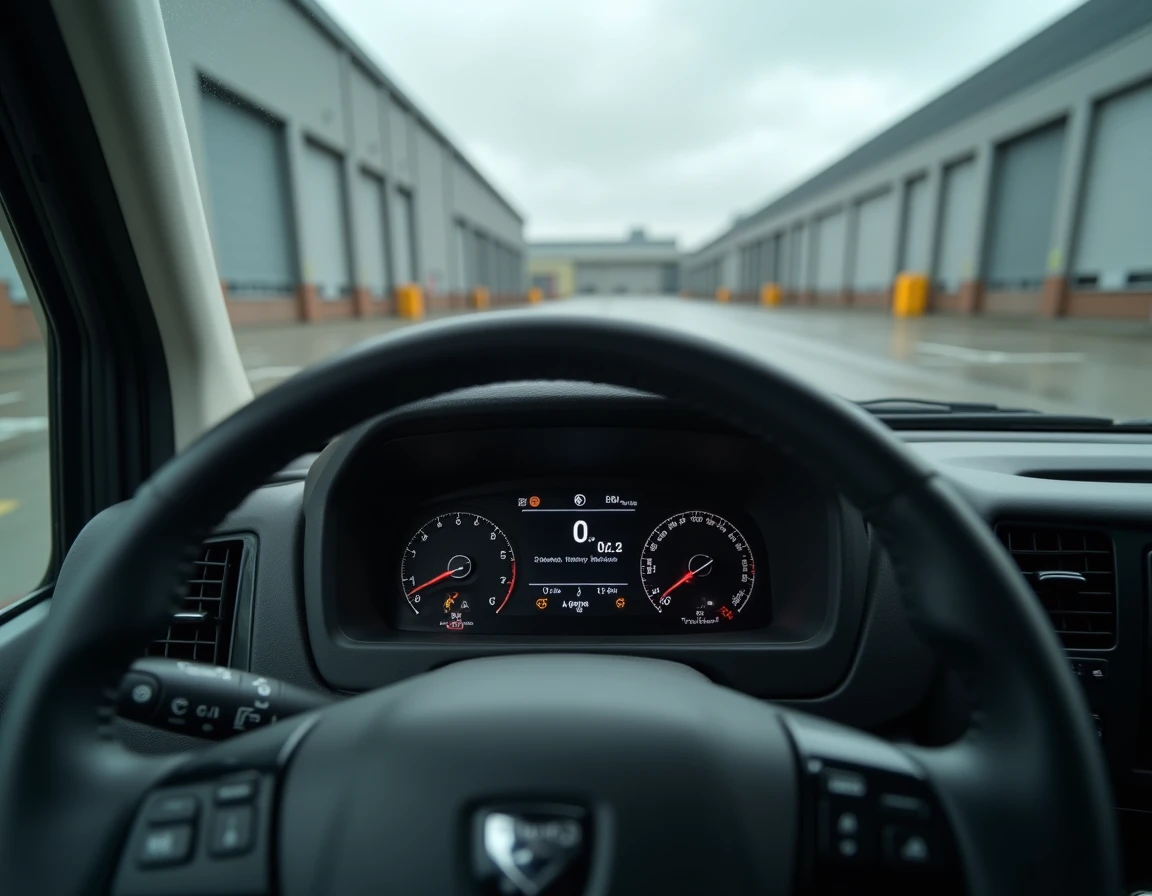 Vue plongeante sur le combiné d'instruments numérique d'un Iveco Daily avec voyants actifs