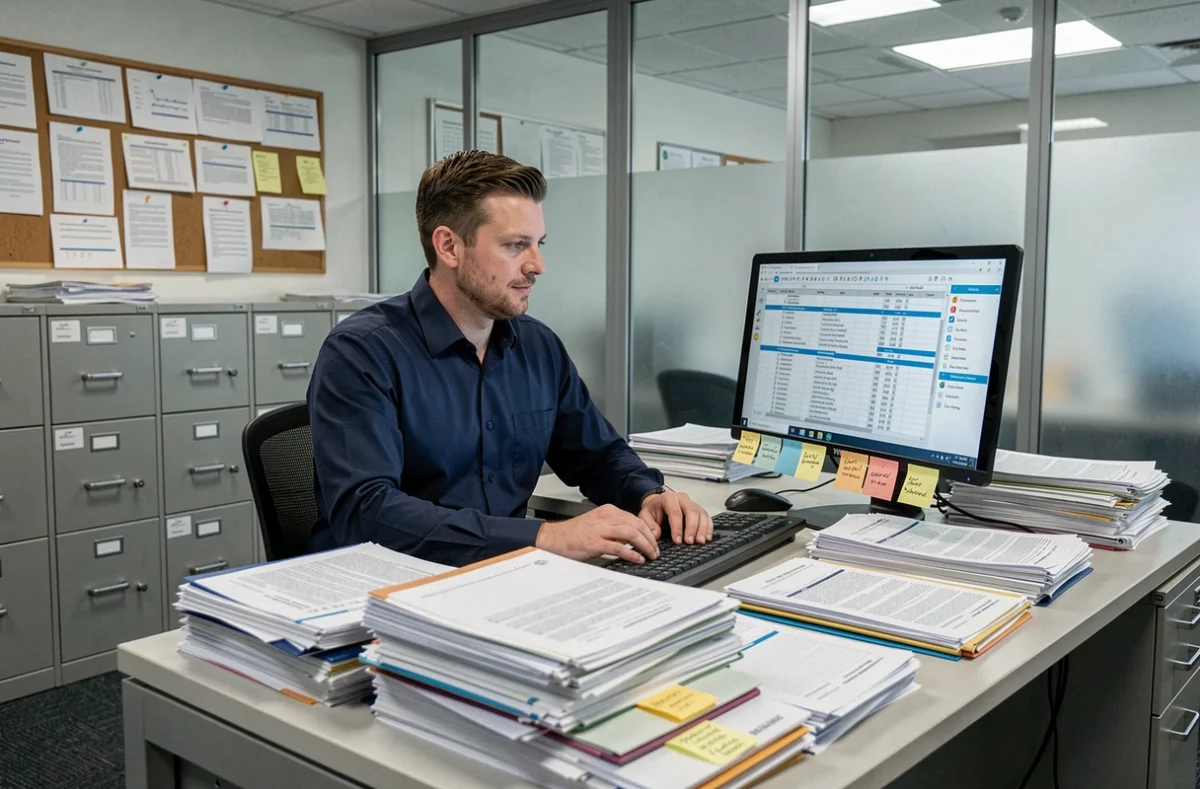 Agent de la commission d'attribution de logement social travaillant sur des dossiers dans un bureau administratif