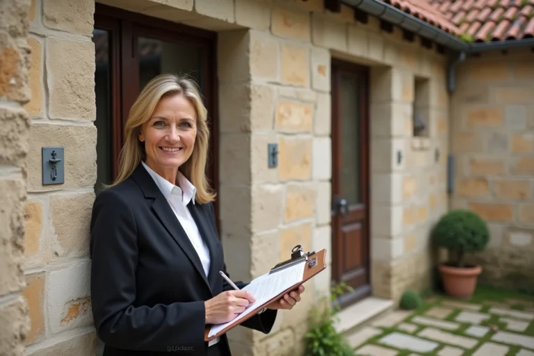Agent immobilière présentant une dépendance en pierre attenante à une maison de campagne française