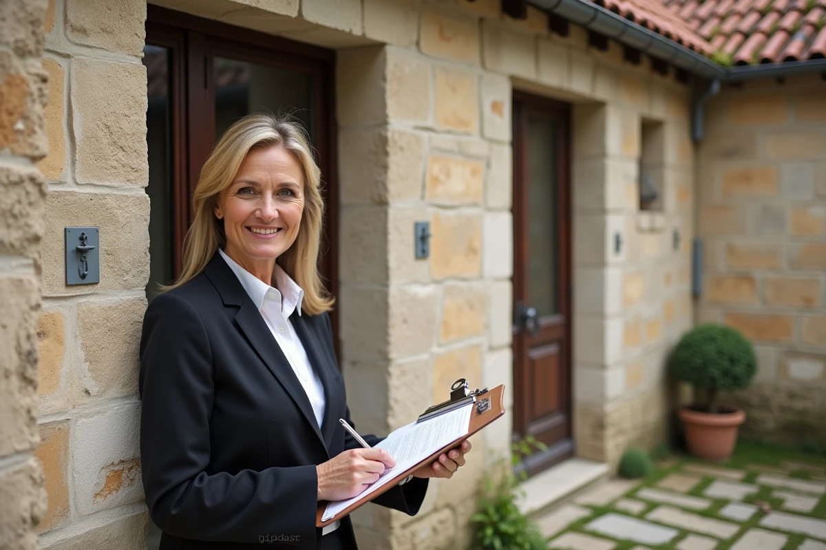 Agent immobilière présentant une dépendance en pierre attenante à une maison de campagne française