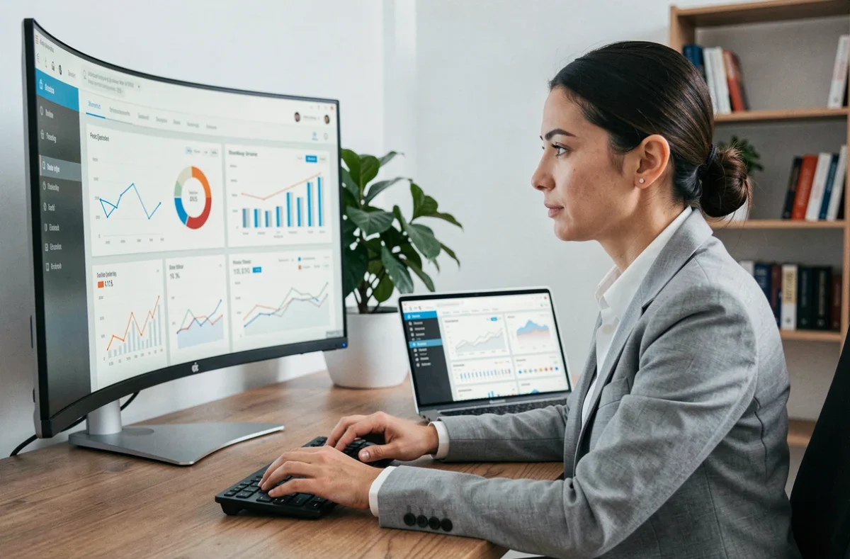 Femme analyste web examinant des tableaux de bord et métriques SEO sur un écran d'ordinateur dans un bureau moderne
