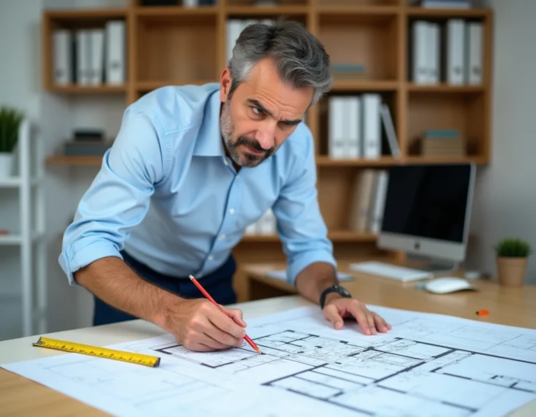 Architecte corrigeant des plans de surface habitable sur une table à dessin dans un bureau professionnel