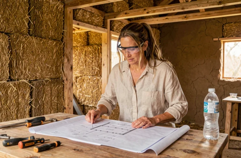 Architecte femme examinant des plans dans un chantier d'éco-construction avec murs en bottes de paille et bois recyclé