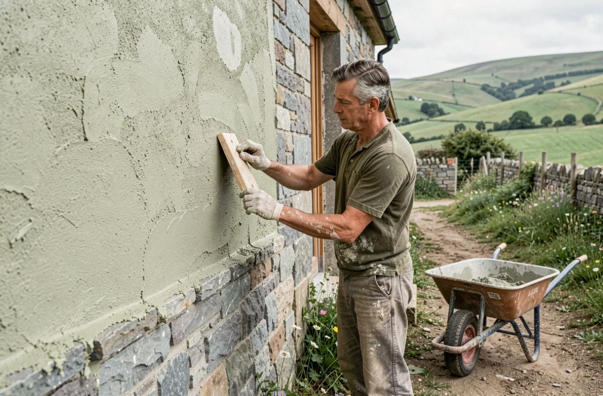 Artisan appliquant un enduit à la chaux naturelle sur la façade en pierre d'une maison en éco-construction rurale