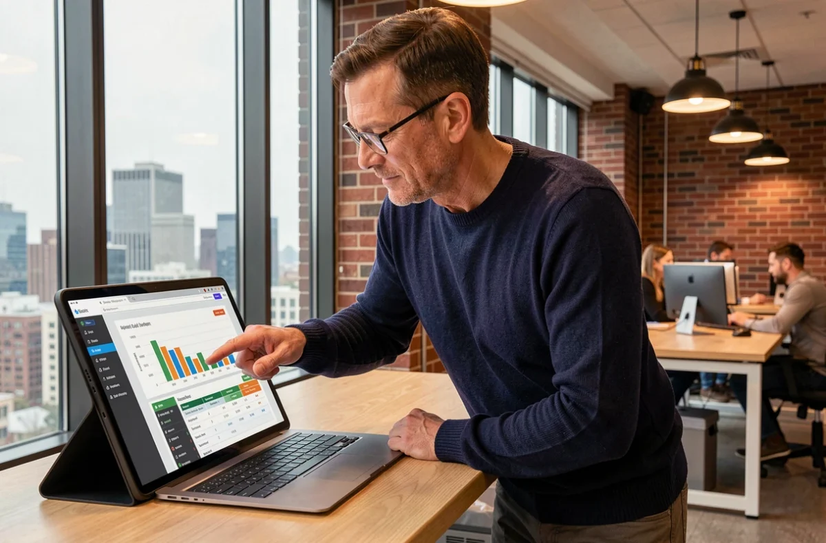Professionnel du marketing digital analysant un rapport d'audit de site web sur tablette dans un espace de coworking