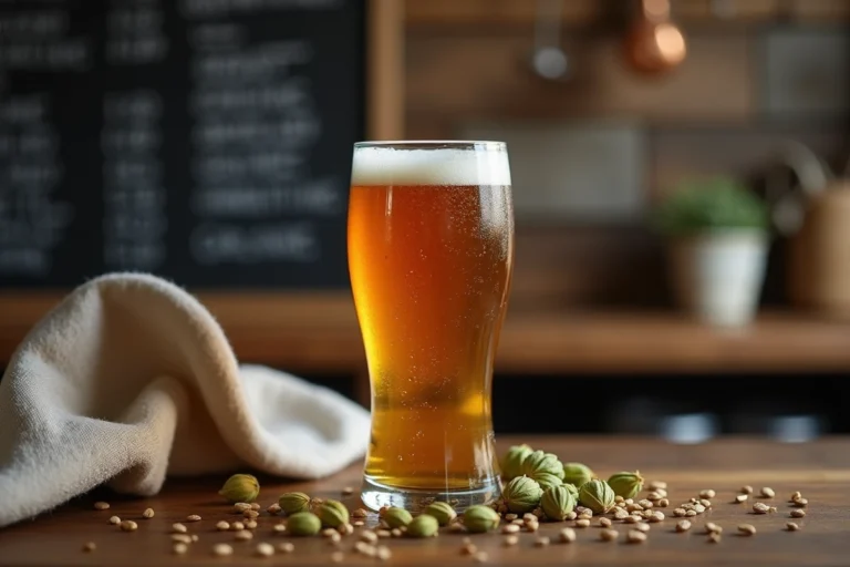 Verre de bière artisanale sans sulfites dorée et non filtrée posé sur un comptoir en bois brut avec houblons et orge