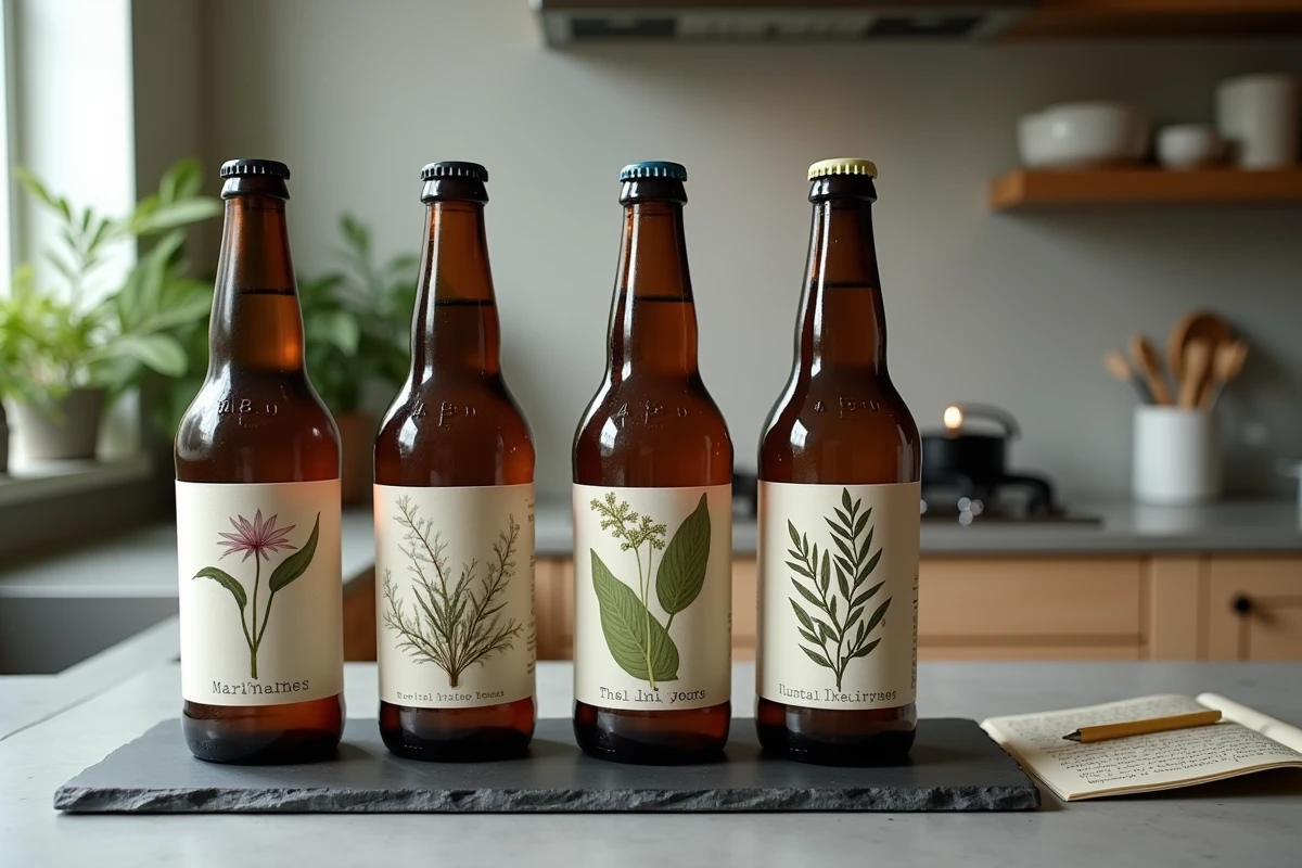 Trois bouteilles de bière sans sulfites alignées sur une ardoise avec notes de dégustation manuscrites