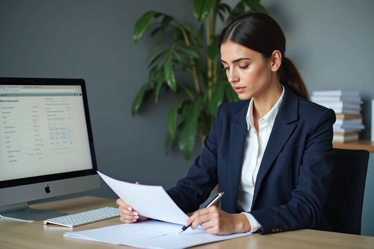 Femme en agence Pôle Emploi effectuant un changement de RIB avec des documents bancaires et un formulaire en ligne