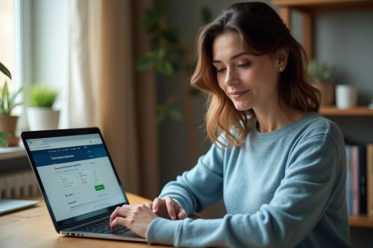 Femme mettant à jour ses coordonnées bancaires sur le site Pôle Emploi depuis un ordinateur portable à son bureau à domicile