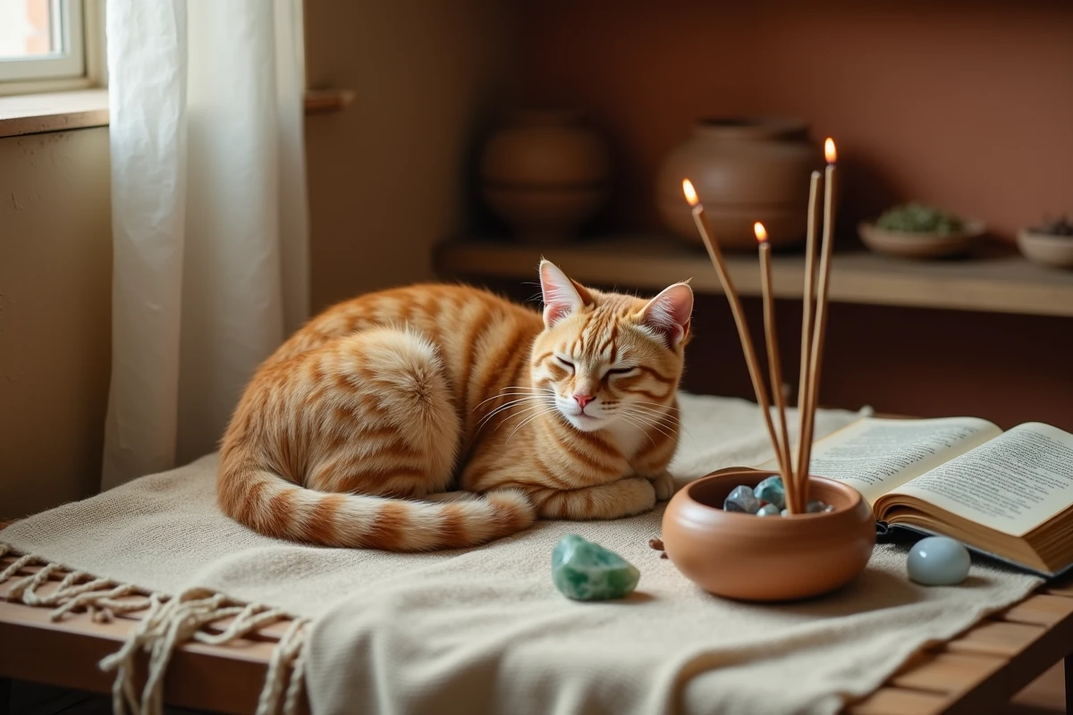 Chat beige allongé près de cristaux et d'encens sur un tissu artisanal, symbole de spiritualité et de croyances ésotériques autour des chats.