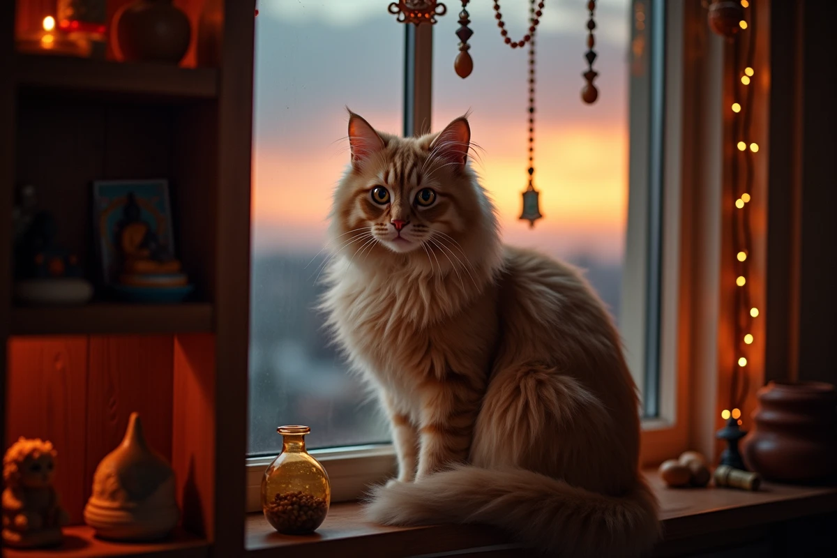 Chat beige à poils longs sur un rebord de fenêtre au crépuscule, entouré de symboles spirituels, illustrant les croyances mystiques liées aux chats beiges.