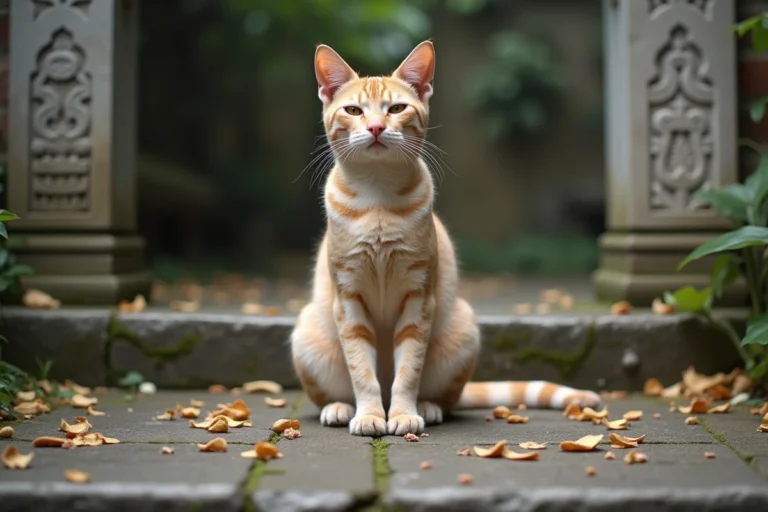 Chat beige assis sur les marches d'un temple en pierre ancienne, entouré de pétales séchés, évoquant une signification spirituelle et sacrée.
