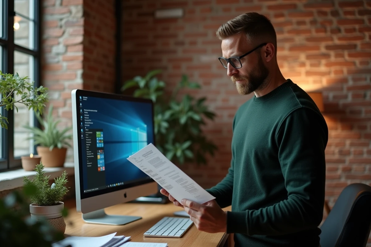 Chef d'entreprise consultant un guide d'installation du logiciel de comptabilité Isacompta dans un bureau à domicile
