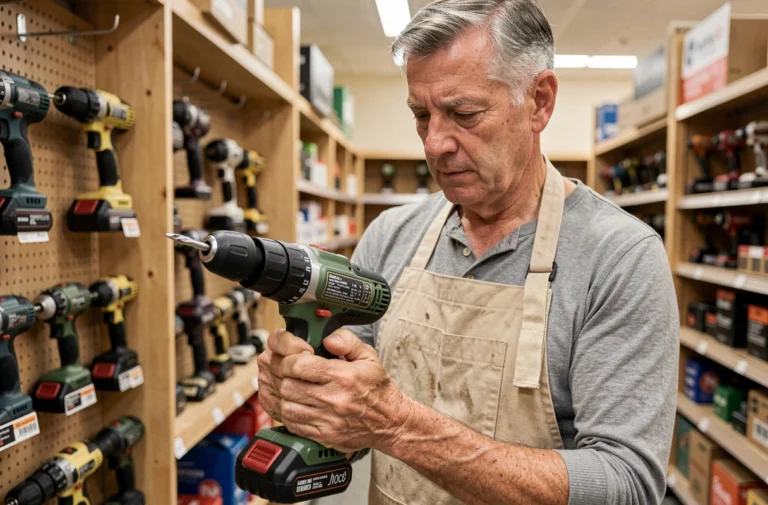 Homme comparant des outils électriques dans un magasin de bricolage pour choisir la meilleure perceuse sans fil