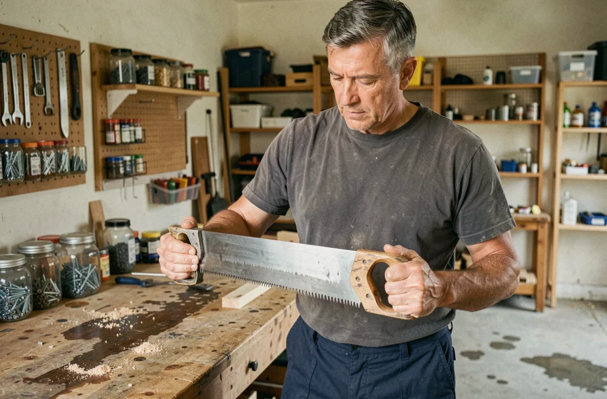 Artisan comparant deux scies manuelles dans son atelier de garage pour travaux de rénovation
