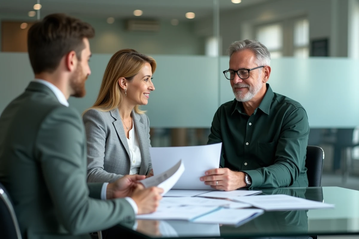 Couple consultant un conseiller financier autour d'un portefeuille patrimonial dans un cabinet de gestion moderne