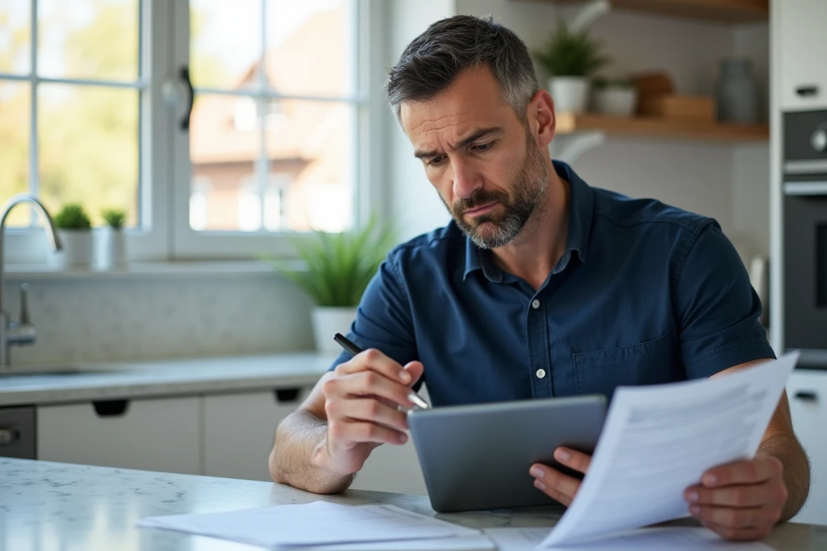 Homme consultant des documents d'assurance sur une tablette à la table de cuisine, illustrant la simplification des démarches administratives immobilières