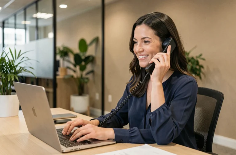 Femme souriante au bureau répondant à des questions clients par téléphone et ordinateur portable pour contacter l'équipe Superfora