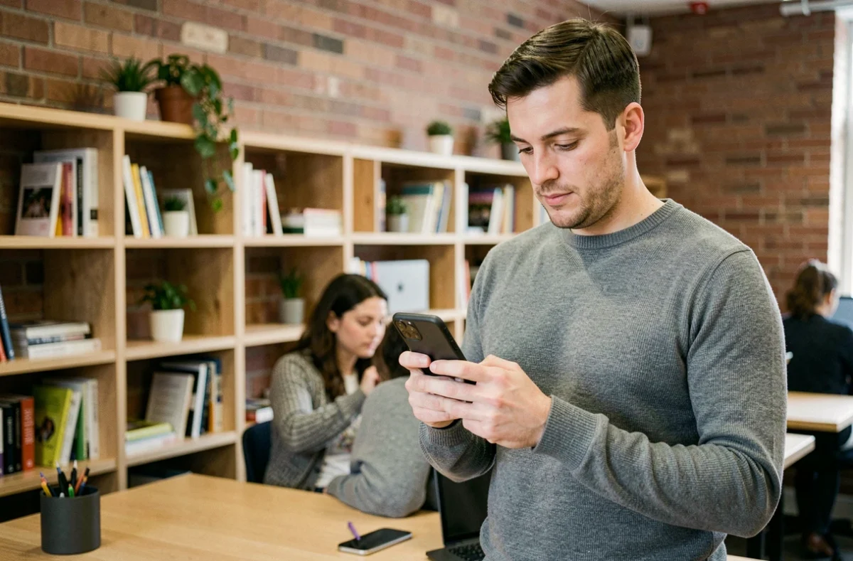 Homme consultant son smartphone dans un espace de co-working pour répondre aux demandes de contact de l'équipe Superfora