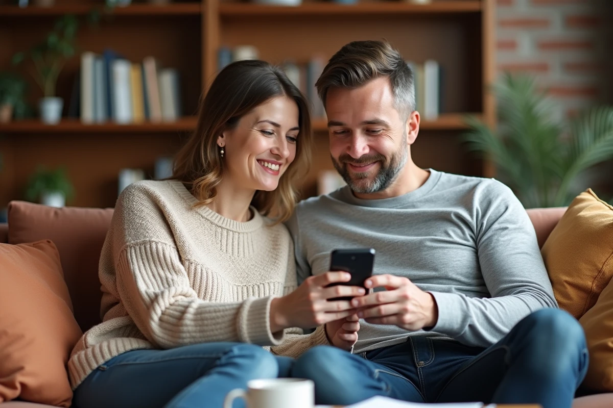 Couple consultant une application immobilière et assurance sur smartphone dans leur salon, symbolisant la simplicité des démarches digitales