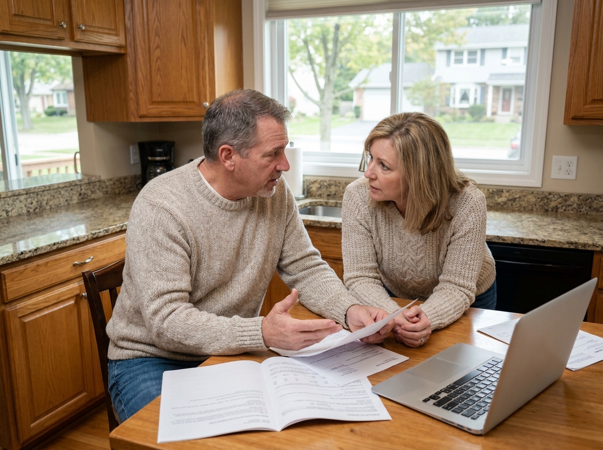 Couple discutant à la maison avec documents et ordinateur