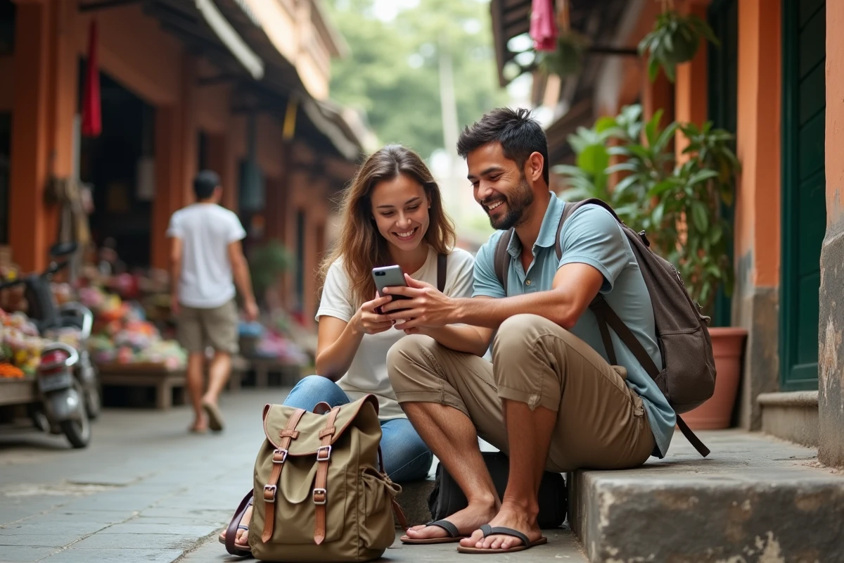 Un couple consultant leur itinéraire de voyage sur smartphone devant un marché coloré en Asie du Sud-Est