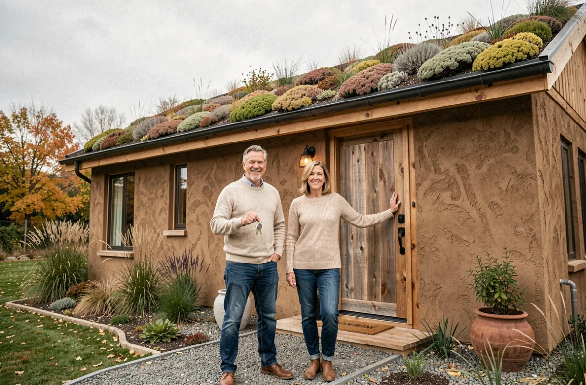 Couple devant leur maison en éco-construction terminée avec toit végétalisé et mur en pisé, tenant les clés de leur logement durable