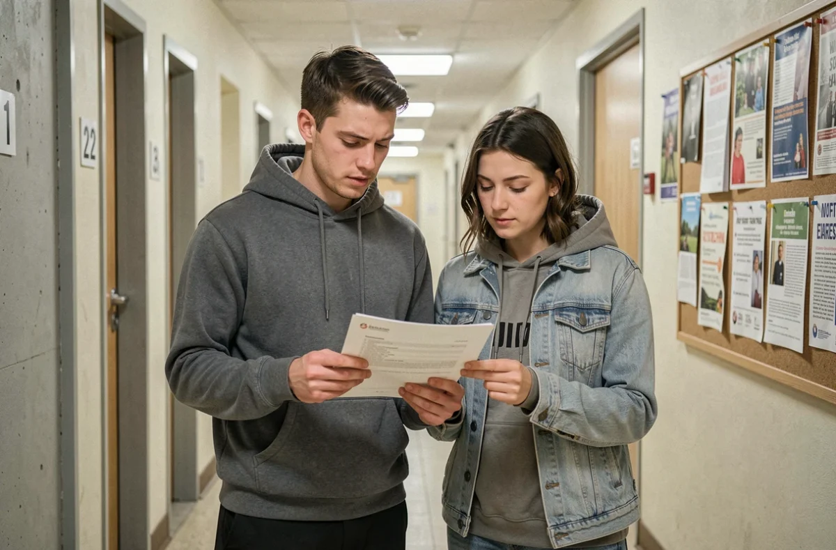 Couple consultant une notification après la commission d'attribution de logement social dans un couloir d'organisme HLM