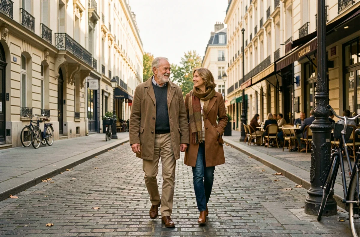 Un couple de retraités se promène sereinement dans une rue parisienne, symbolisant la liberté financière offerte par la vente en viager