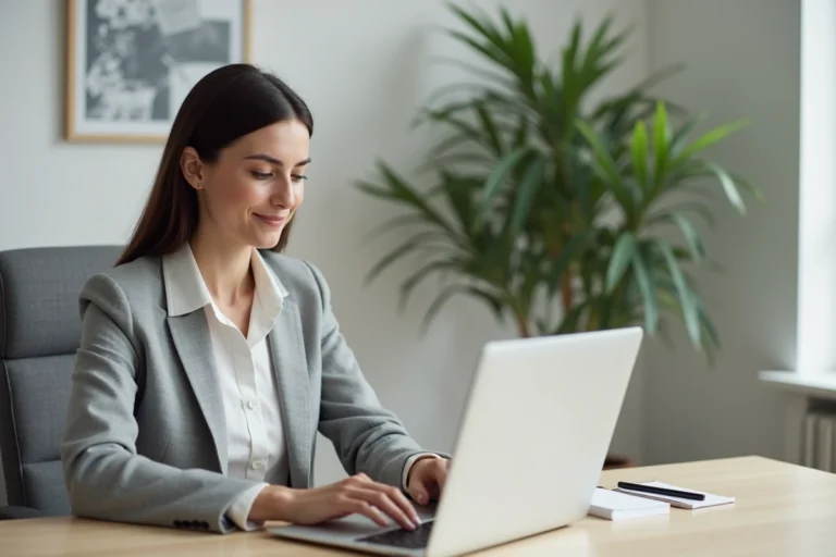Femme professionnelle utilisant un ordinateur portable pour simplifier ses démarches immobilières en ligne depuis son bureau à domicile