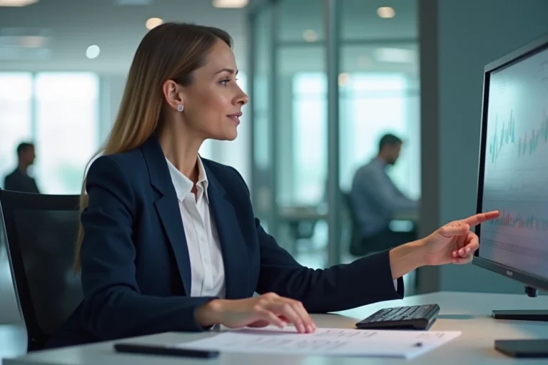 Femme cadre en entreprise consultant des documents numérisés sur un écran tactile dans un bureau moderne