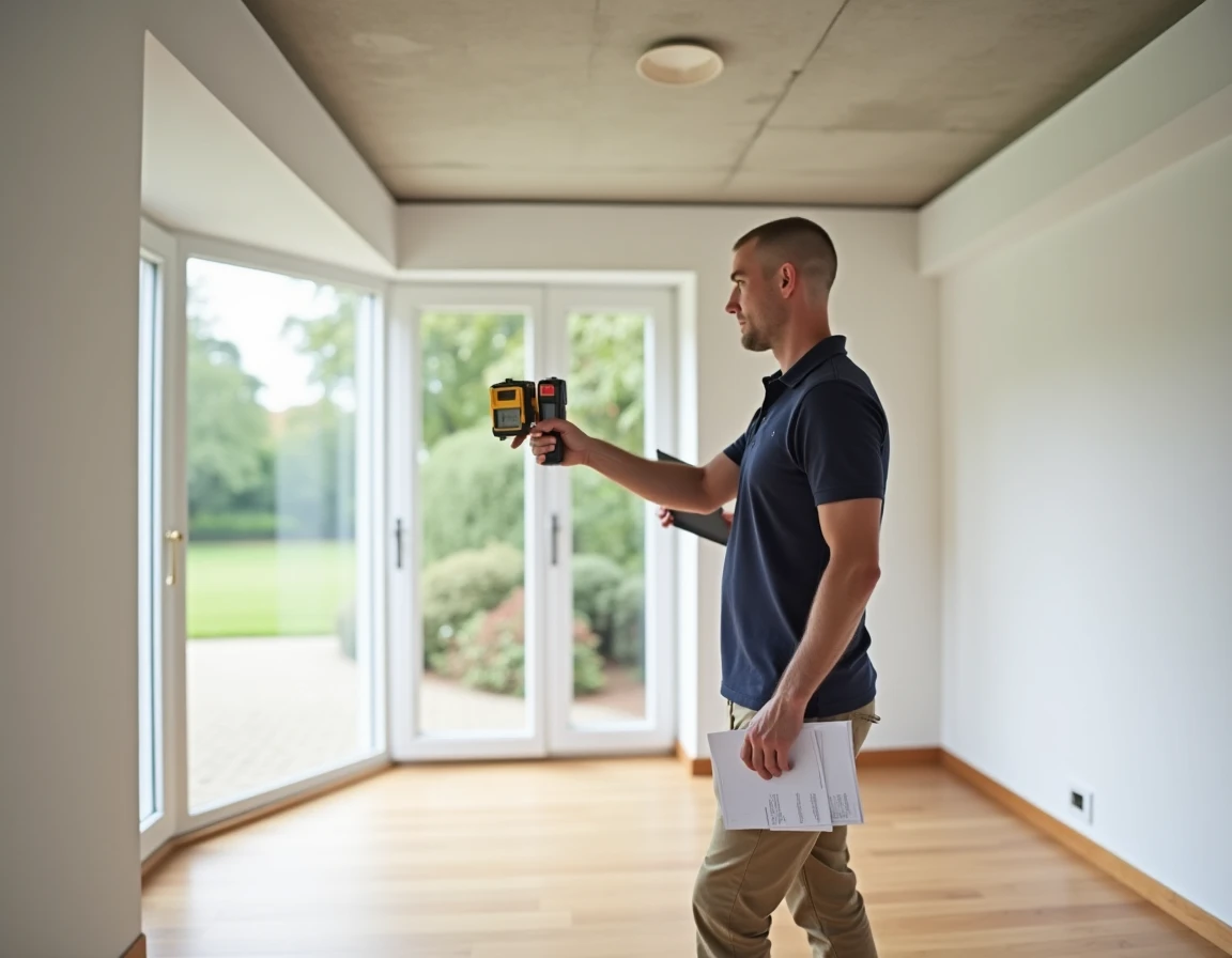 Diagnostiqueur immobilier mesurant la surface habitable d'un salon vide avec un télémètre laser