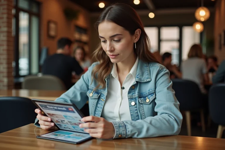 Femme lisant les dernières actualités et nouveautés de l'année sur une tablette dans un café moderne