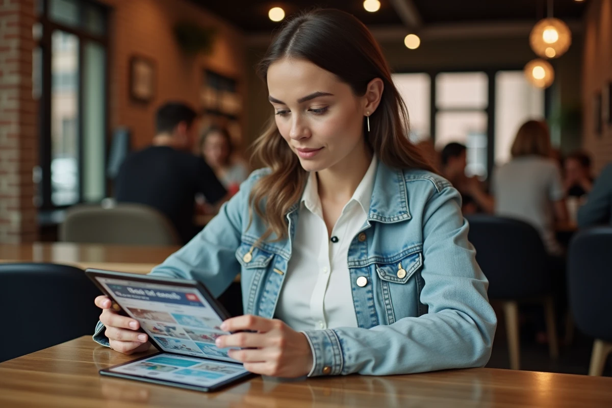 Femme lisant les dernières actualités et nouveautés de l'année sur une tablette dans un café moderne
