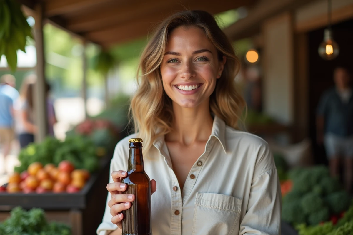 Femme tenant une bouteille de bière artisanale sans sulfites dans un marché fermier en plein air