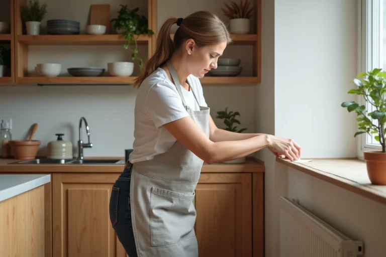 Femme appliquant un revêtement adhésif dans une cuisine moderne pour améliorer la décoration intérieure