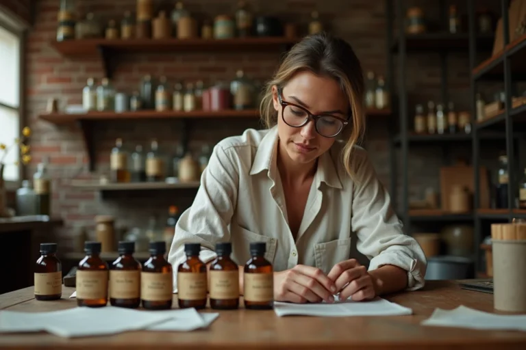 Femme examinant des produits mystérieux étiquetés sur une table en bois dans un atelier vintage