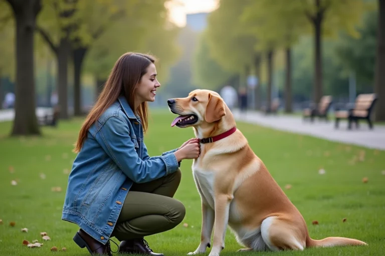 Femme en denim avec un labrador beauceron dans un parc urbain