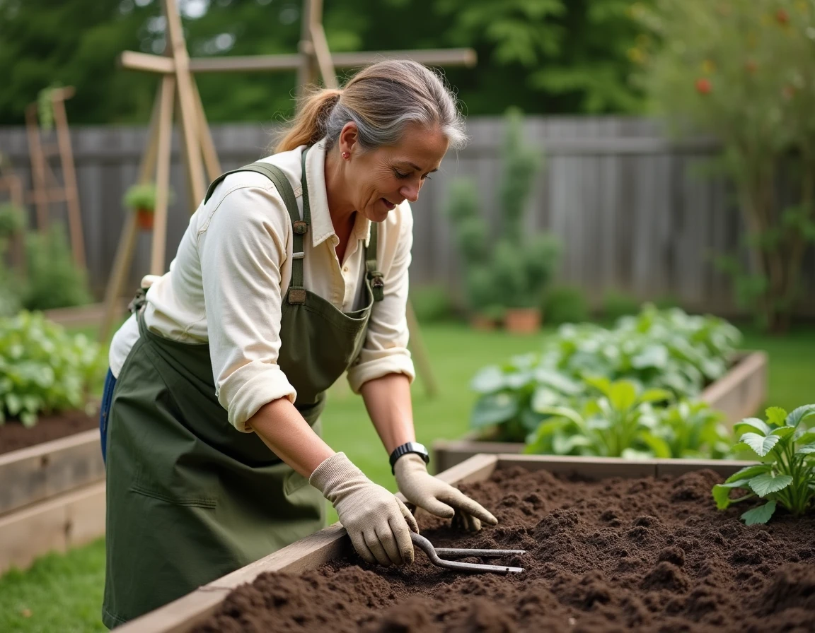 Femme utilisant une grelinette dans un potager bio avec des légumes en pleine croissance en arrière-plan
