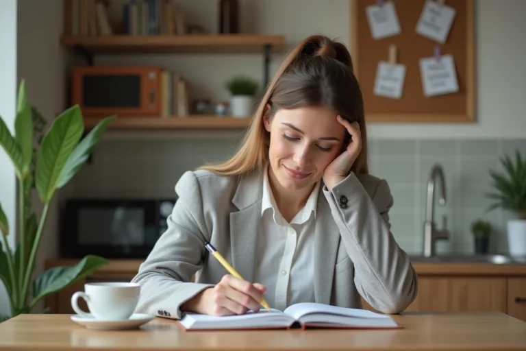 Femme lisant un livre éducatif en cuisine avec notes