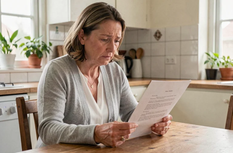 Femme lisant une lettre administrative concernant l'attribution de logement social à la table de sa cuisine