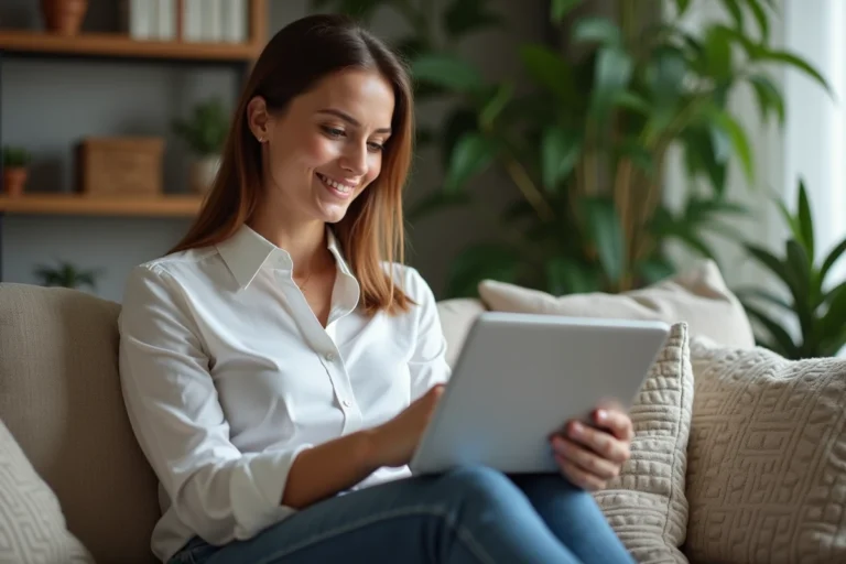 Femme lisant un magazine féminin sur son ordinateur à la maison