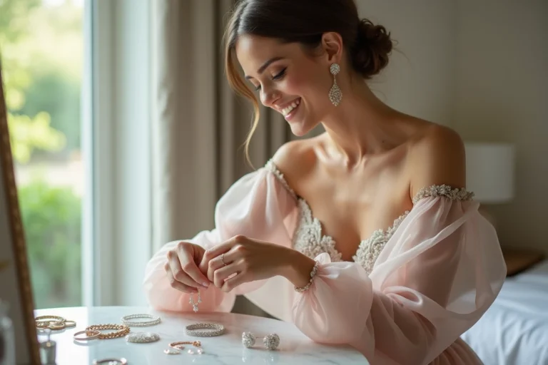 Femme souriante choisissant des bijoux dans une chambre élégante