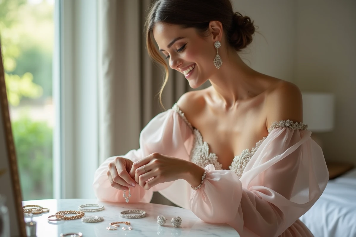 Femme souriante choisissant des bijoux dans une chambre élégante