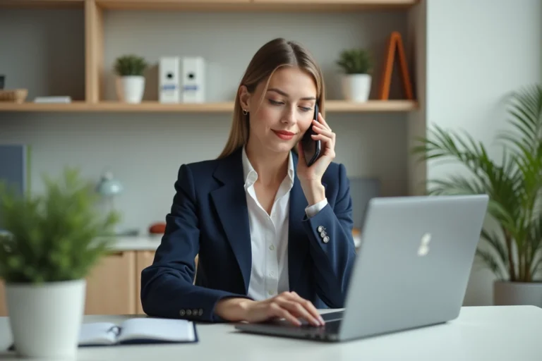Femme professionnelle parlant au téléphone dans un bureau moderne