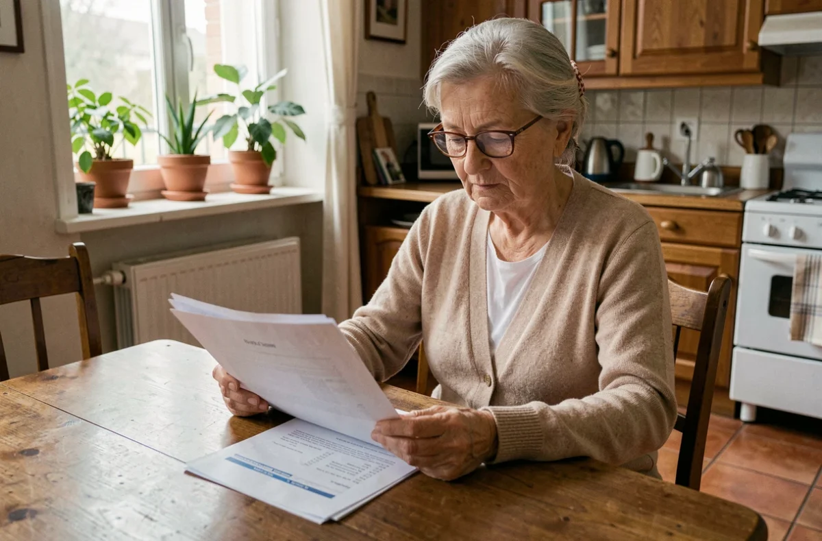 Une femme âgée examine des documents de vente en viager dans sa cuisine, illustrant la réflexion autour de cette solution immobilière pour les seniors
