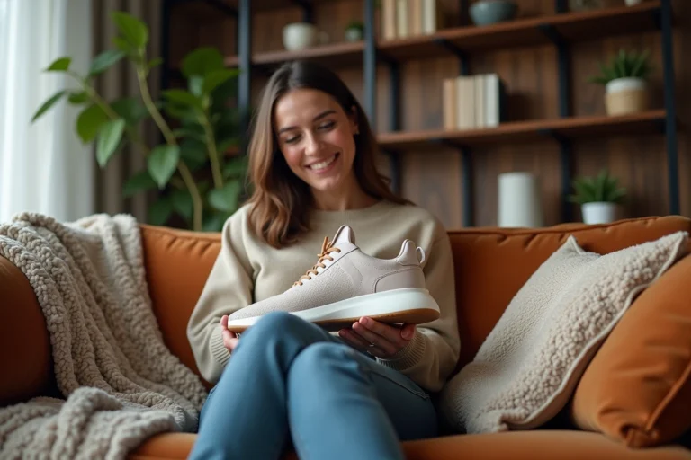Femme assise sur un canapé examine une sneaker neuve
