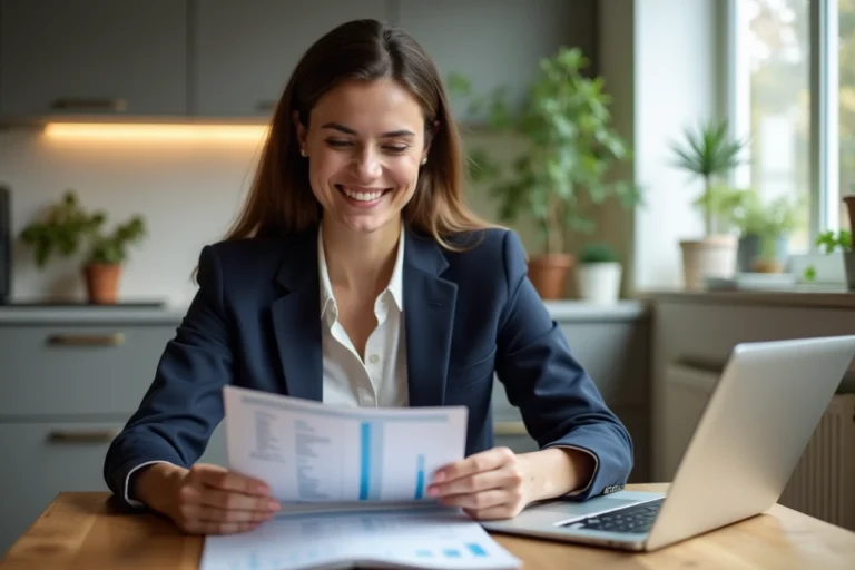 Femme souriante en blazer bleu dans une cuisine moderne