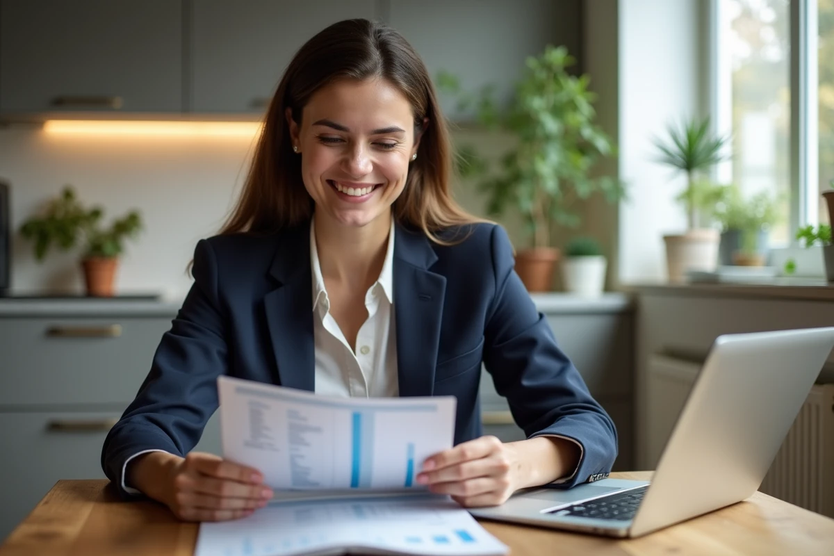 Femme souriante en blazer bleu dans une cuisine moderne