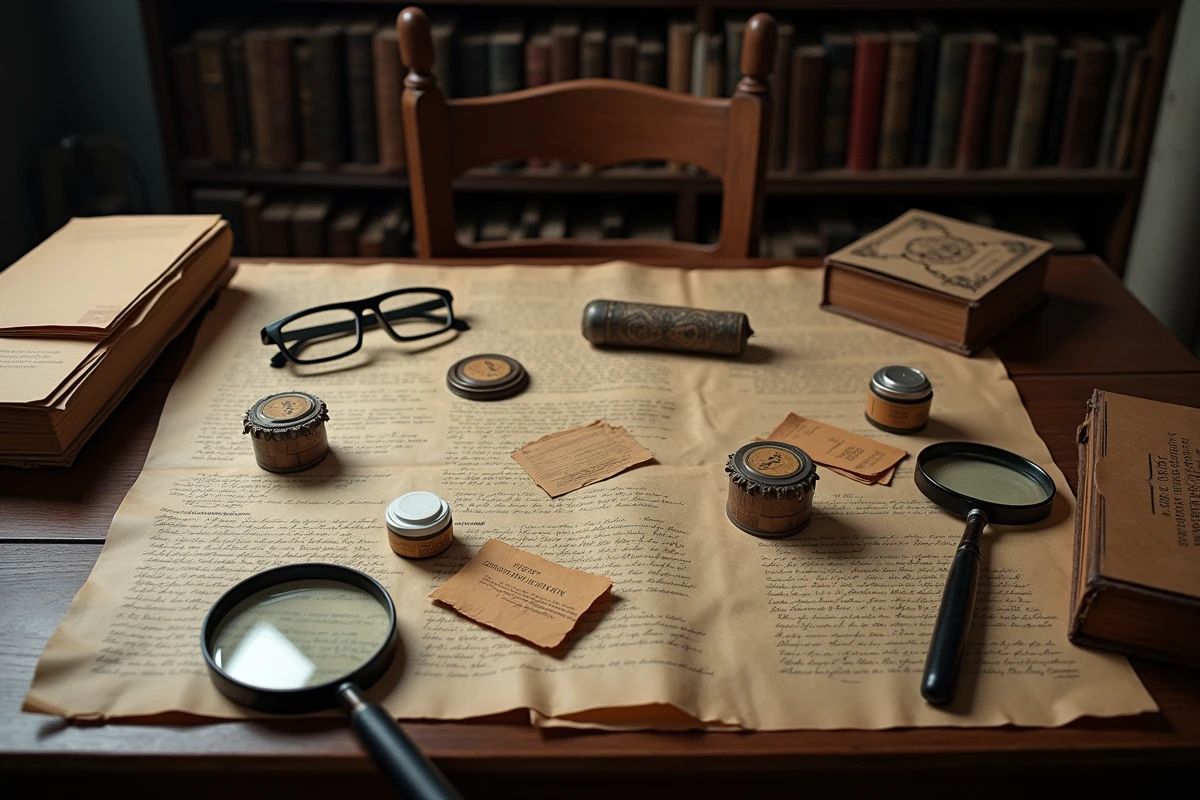 Vue du dessus d'une collection d'objets et produits mystérieux étalés sur un bureau dans un bureau d'étude